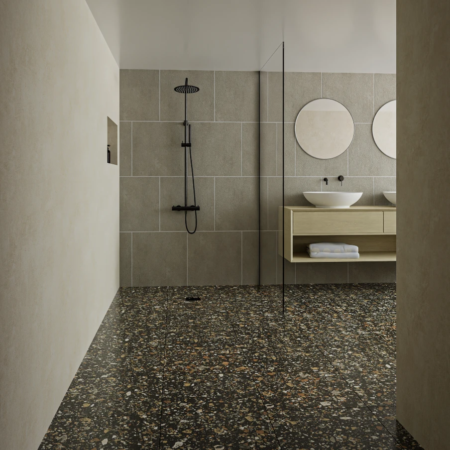 Badezimmer mit grauen Plättli in Betonoptik