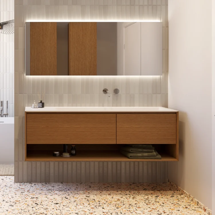 Beiges Terrazzo-Badezimmer mit Holzunterschrank
