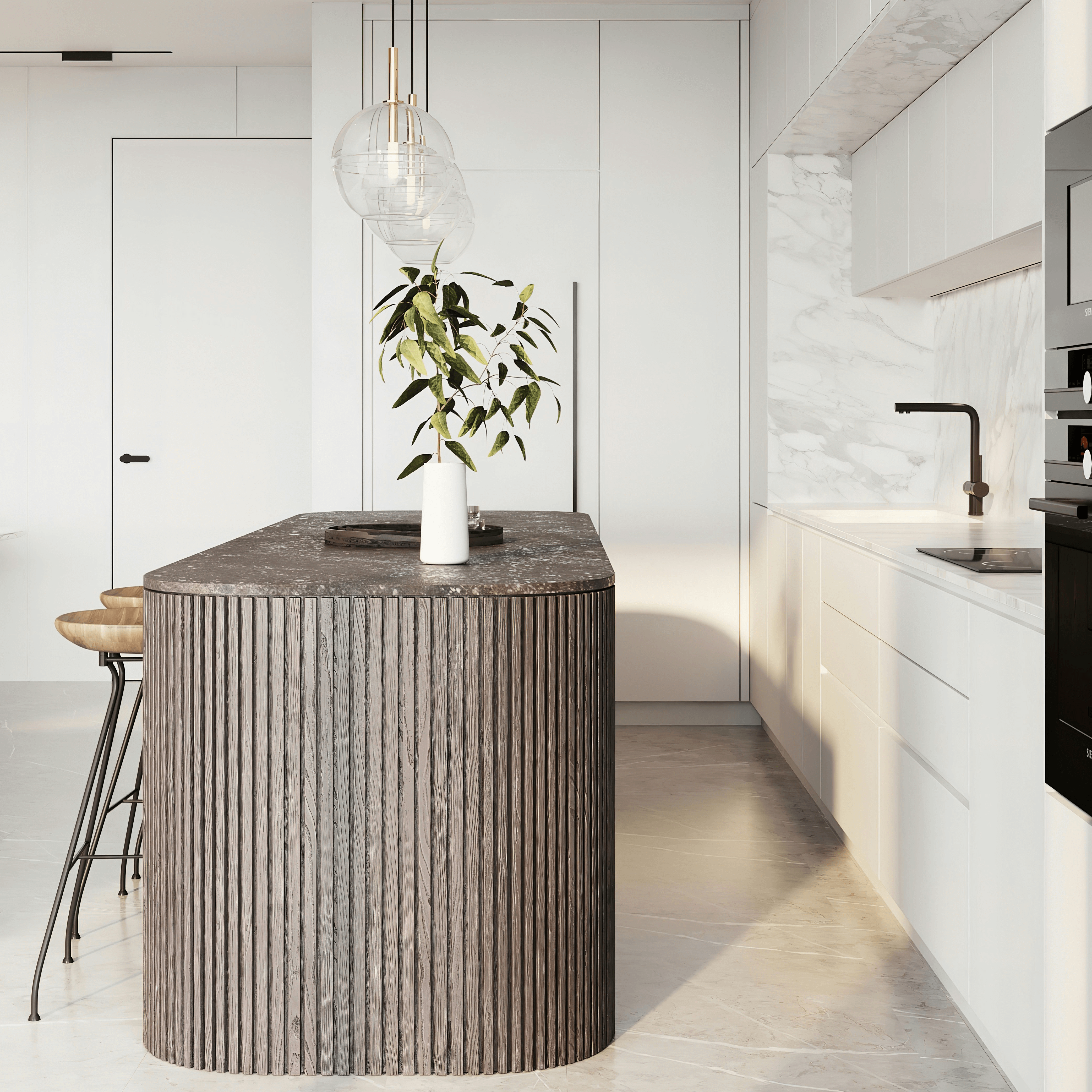 Küche mit geriffelter Holzfront